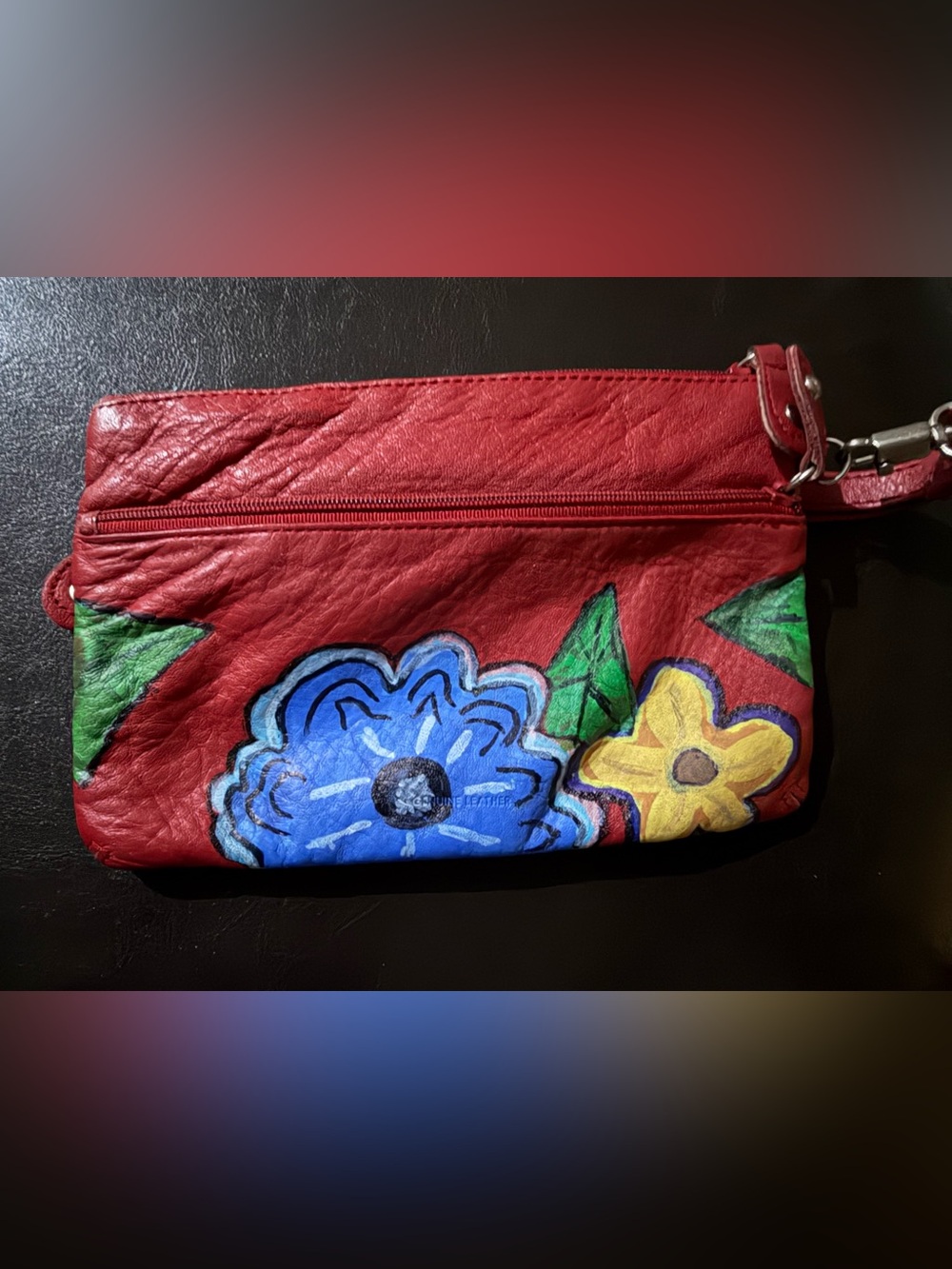 Red Painted Leather Floral Clutch wristlet